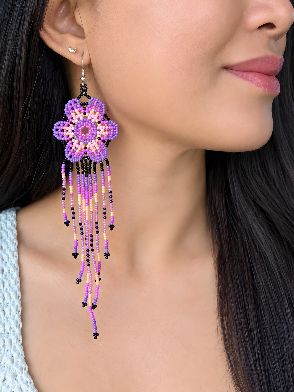 Weave Floral Boho Fringe Beaded Earrings Handmade Cottagecore Seed Bead - Purple